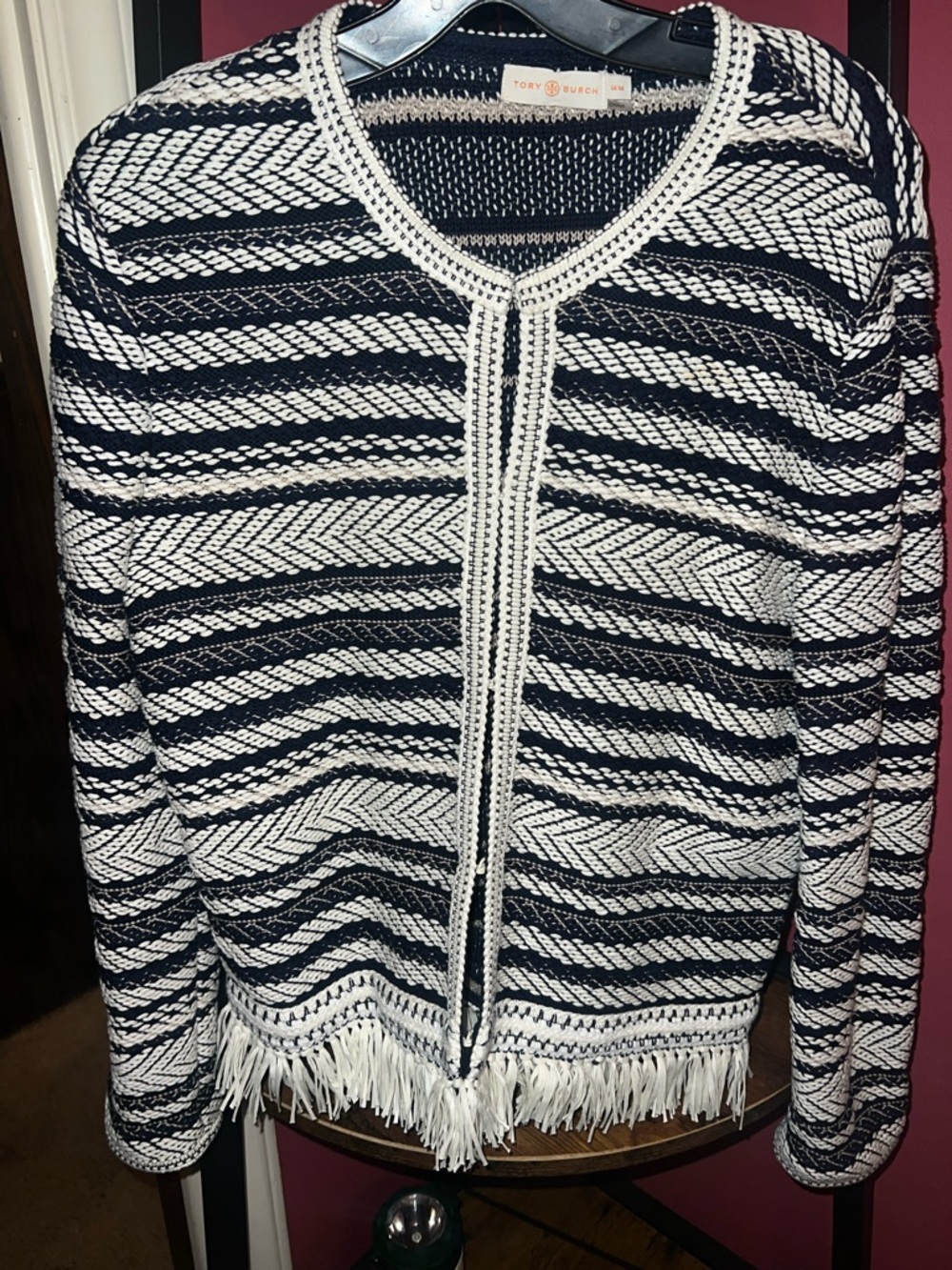 Tory Burch Navy & White Striped Fringe Knit Cardigan